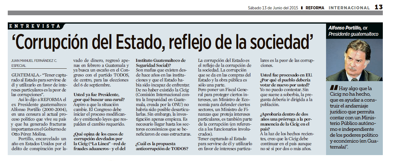 Alfonso Portillo: Corrupción del estado es reflejo de la sociedad